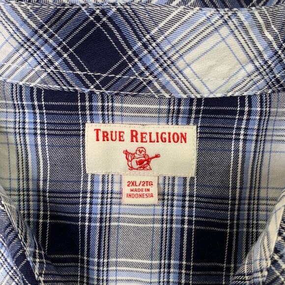 True Religion Shirt Mens 2XL Navy White Cotton Western Yoke Plaid Pearl Snap - Picture 4 of 11